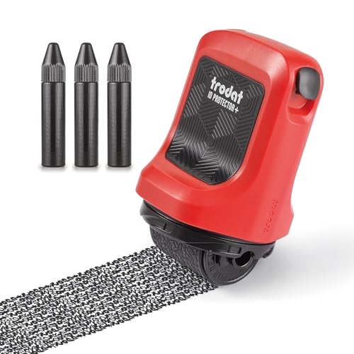 Trodat ID Protector+ Ink Roller, Timbro Rullo di Inchiostro 3 in 1, Protezione Dati dal Furto di IdentitĂ , Apri-Lettere e Lama Apri-Pacchi Integrati, Rosso Inchiostro Nero, con 3 Ricariche Inchiostro
