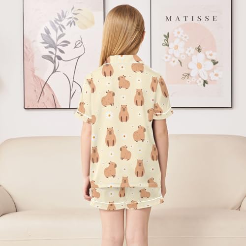 Capybara with Daisy Flowers Yellow Summer Satin Pajama Set, Cute Button-Down Sleepwear Pj Set for Sleep Wears4