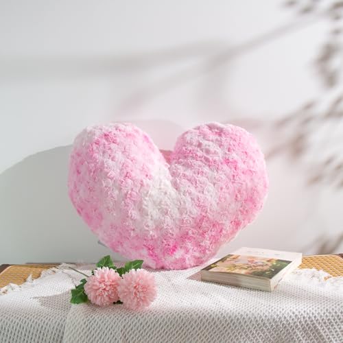 Ailive 16" Tie-Dye Pink Heart Pillow, Luxury 600GSM Rose Textured Faux Rabbit Fur, Dreamy Marble Pink Aesthetic Throw Pillow for Bedroom, Strawberry Cream Soft Heart Cushion