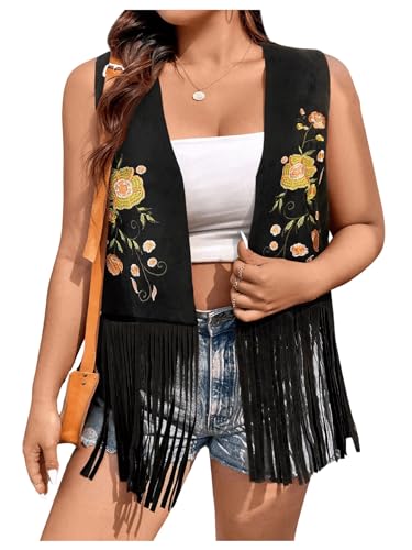 Verdusa Women's Plus Size Fringe Floral Embroidery Sleeveless Vest Cardigan Tassel Jacket