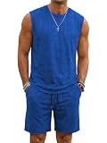 JMIERR Herren 2 Pcs Wasserwäsche Tanktop Outfits Baumwolle ärmellos T-Shirt und Short Vintage Sommer Set,Blau 2XL