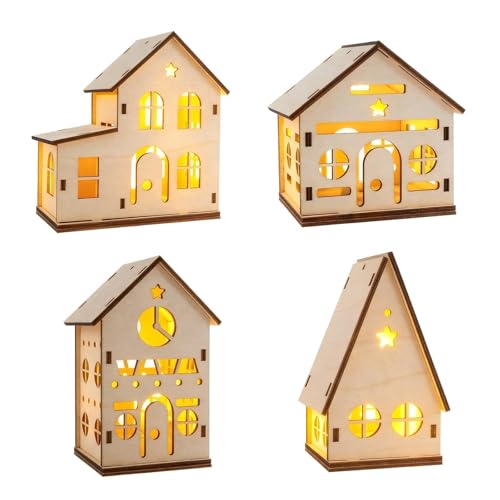 Aitsite 4 peças cidade natalícia madeira com luz LED, casa de Natal cidade natalícia, Natal decoração de casa interior, ornamentos natalícios casa casas natalícias, casa de Natal luminosa aldeia de