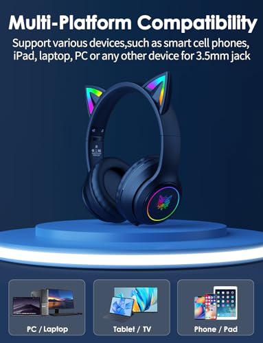 Image of Cat Ear Bluetooth Headphones for Kids & Adults, 55H Play Time, Wireless Foldable & Wired Multi-Function LED Light Up Over Ear Headphones with Mic and Volume Control for iPhone /iPad /Laptop /PC