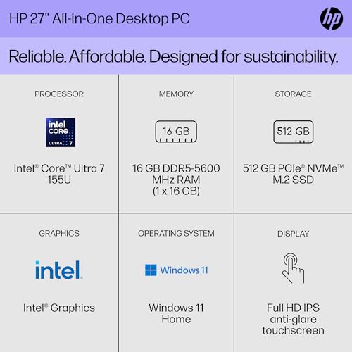 Image of HP 27 inch All-in-One Desktop PC, FHD Display, Intel Core Ultra 7 155U, 16 GB RAM, 512 GB SSD, Intel Graphics, Windows 11 Home, 27-cr1080 (2024)