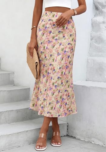 Image of BTFBM Satin Skirts for Women Trendy 2026 Summer Fall | High Waisted A-Line Leopard Print,Floral Print, Business Casual,Cocktail,Wedding Guest,Long Silk Midi Skirt