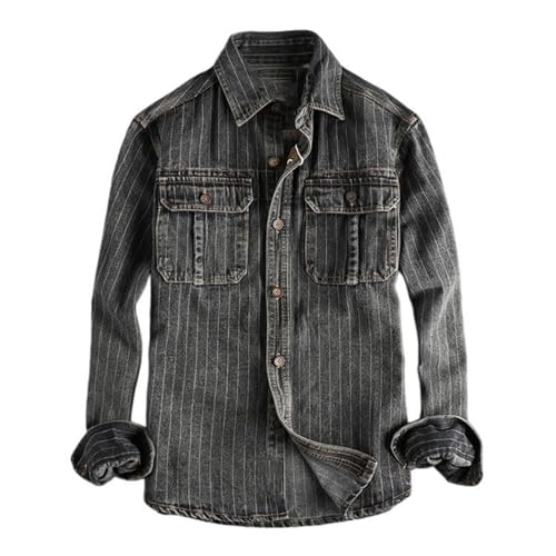 Chemise cargo en denim multipoches en coton rayé coupe ample style rétro américain