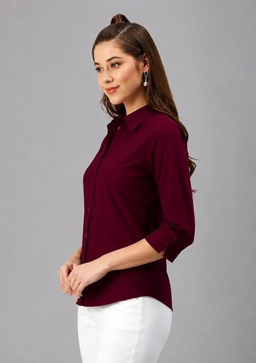 Image of Women's Formal Collared Shirt | Solid Office Wear Button-Up Top | Regular Fit 3 /4 Sleeve Business Shirt for Work & Casual Wear