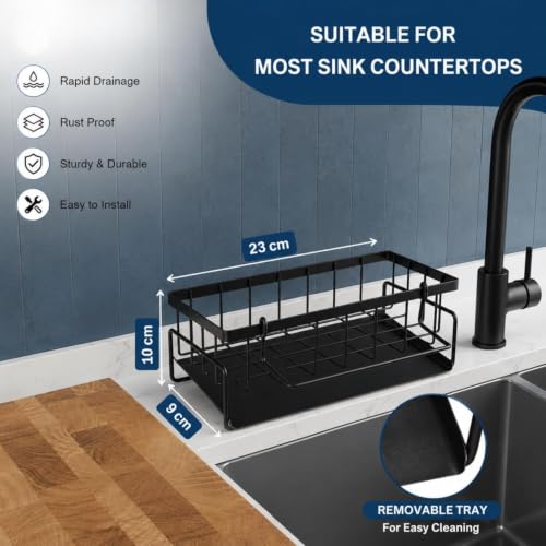 Image of Kitchen Sink Organiser with Drain Tray, Countertop Storage Rack for Dish Soap Sponge Scrubber, Metal Wire Design, Black