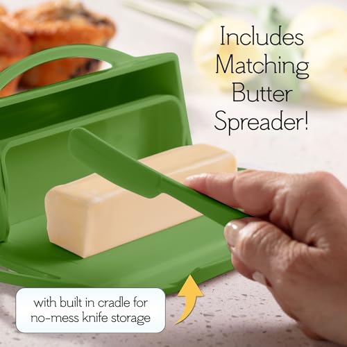 Image of Butterie Flip Top Butter Dish with Attached Lid & Matching Knife - Holds 2 Sticks, Fits Kerrygold /European Butter - BPA Free & Dishwasher Safe - Green