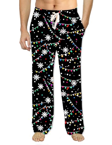 Soophiea Christmas Pajama Pants Mens Lounge Pants Funny Snowflake Light Strings Graphic Men Pajama Bottoms with Pockets Drawstring