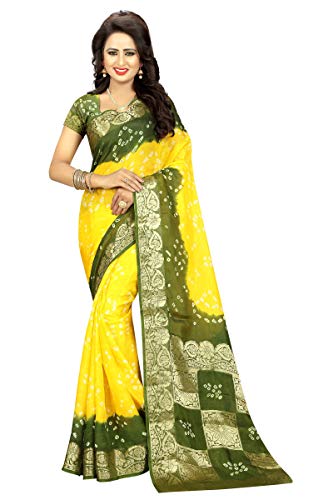 Divine International Trading Co Women's Art Silk Printed Tie And Dye Bandhani Sarees With Blouse Piece Fabric Div-27c(Green+Yellow)