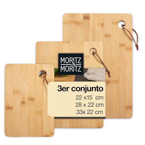 Moritz & Moritz Tabla de desayuno de bambú, juego de 3 tablas de cortar de madera, antibacterianas, resistentes y respetuosas con los cuchillos, versátil como tabla de madera para cocina, tabla de pan