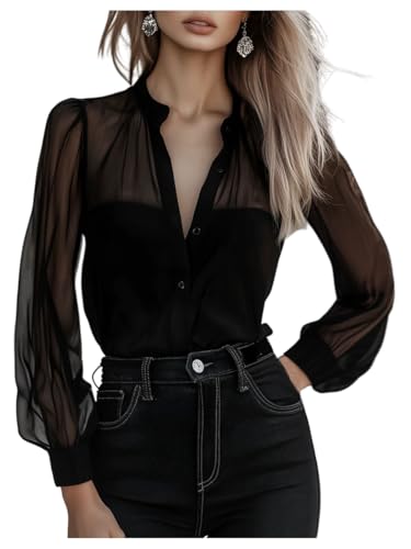 GORGLITTER Women's Sheer Mesh Long Sleeve Blouses Tops Dressy Casual Work V Neck Button Down Office Fall Blouses Shirt