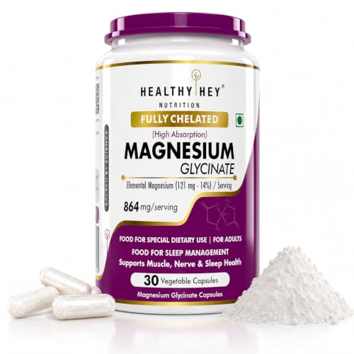 Image of HealthyHey Nutrition Magnesium Glycinate 14% Fully Chelated Supplement High Absorption for Sleep, Cramps, & Nerves Health - 30 Vegetable Capsules