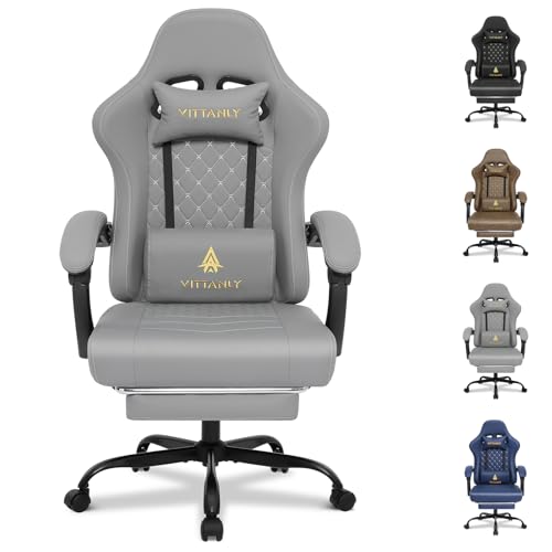 Vittanly Gaming Stuhl mit Frühling Kissen, Ergonomischer Gaming Chair Gamer Stuhl mit Kopfstütze, Lendenkissen und Fußstütze, Höhenverstellbarer Drehbarer Gaming Sessel Bürostuhl 150 kg, Grau