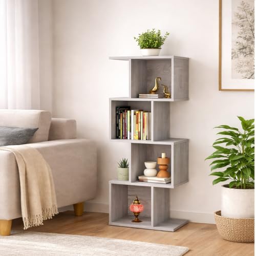 Image of Bookcase, Bookshelf, Freestanding Display Storage Shelves Open Bookcase for Bedroom, Small Bookshelf for Living Room and Office (Grey, S-Shaped)
