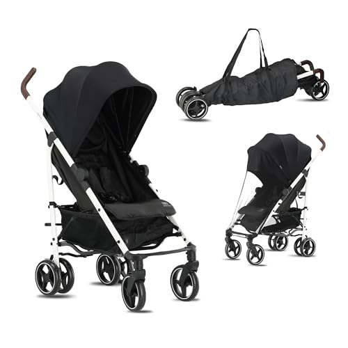 Deryan Bobbie Silla de Paseo bebé, Carrito, Carro bebé, Carrito bebé, Posición reclinada, Plegable, Posición Tumbada, Ligero   8,5kg, Material Impermeable, Negro/Blanco