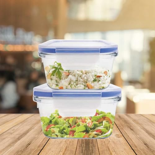 Kit Conjunto 5 Potes De Geladeira Hermético De Vidro Marmita Tampa Click (Azul)