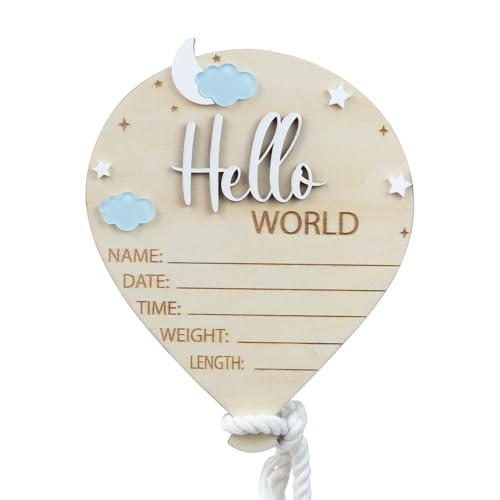 Image of Hello World Baby Birth Stats Sign, 6.2 inches, Wood Engraved Hospital Announcement Board with Flower (BB76)