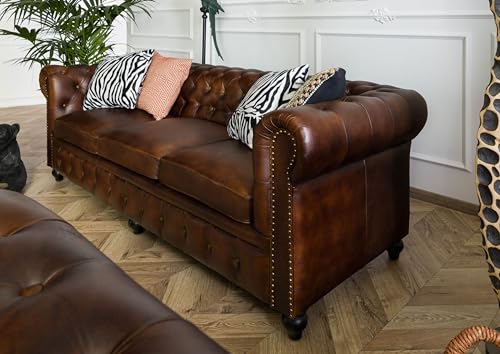 MASSIVMOEBEL24.DE Sofa 3-Sitzer Chesterfield Echtleder 218x82x76 braun Chesterfield #103 – Bild 3