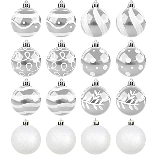 MCEAST 16 Stück 8,9 cm Weihnachtskugeln Weihnachtsbaum Anhänger Bruchsichere Dekokugeln Kugeln für Weihnachtsbaumschmuck, Silber, Weiß Cover