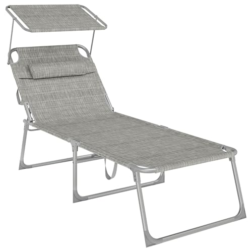 SONGMICS Bain de Soleil Grand, Chaise Longue Pliable, Transat, 71 x 200 x 38 cm, Capacité de Charge 150 kg, avec Pare-Soleil, Dossier Inclinable, pour Jardin,...
