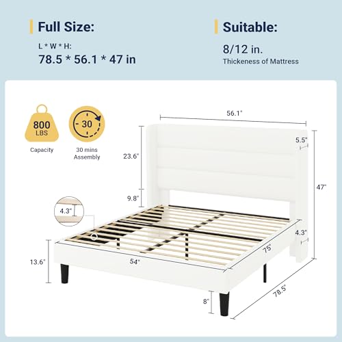 Image of Allewie Full Size Platform Bed Frame with Velvet Upholstered Wingback Headboard, No Box Spring Needed, Under Bed Storage Space, Strong Wooden Slats, Modern Mattress Foundation, Easy Assembly, White