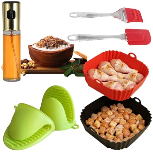 Image of Silicon Air Fryer Tray with 100ml Spray Bottle, 2 Square, Spatula Set, Oven Glove