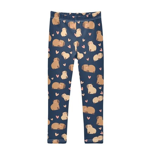 Cartoon Capybara with Hearts Navy Girls Leggings Soft Comfortable Athletic Leggings Dancing Pants for 4-10 Years