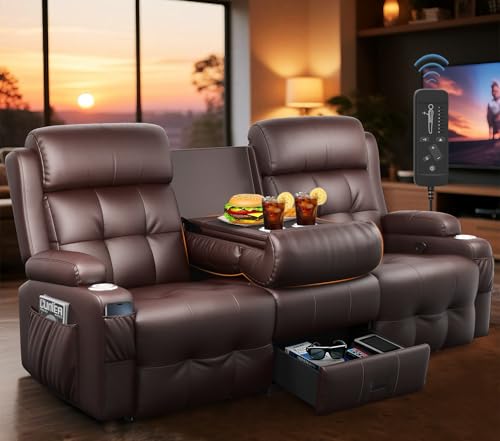 3-Seater Loveseat Recliner Sofa, Home Theater Seating Reclining Couch with Flip Middle Backrest, RV Wall Hugger Sleeper Sofa with Massage, Dawer & Cup Holders, 150° Recline for RV & Living Room