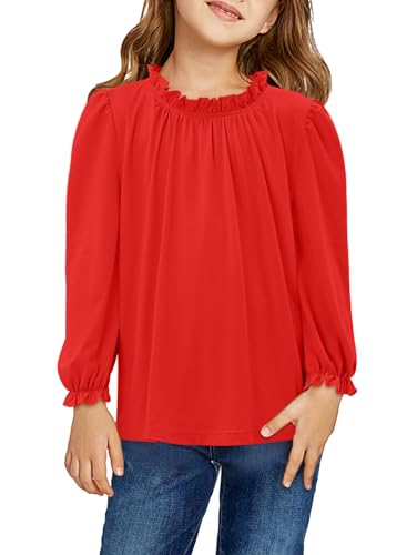 Yoklass Girls Puff Long Sleeve Shirts Casual Ruffle Neck Blouses Loose Dressy Tops 4-13 Years3