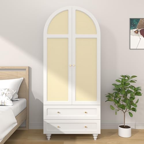 Wardrobe-Closet-Rattan-Freestanding-Bedroom-Armoire-with-2-Drawers-and-Hanging-Rod-748-Tall-Wardrobe-Storage-Cabinet-for-Living-Room-Bedroom-Apartment-White Wardrobe Closet Rattan Freestanding Bedroom Armoire with 2 Drawers and Hanging Rod 748 Tall Wardrobe Storage Cabinet for Living Room Bedroom Apartment White