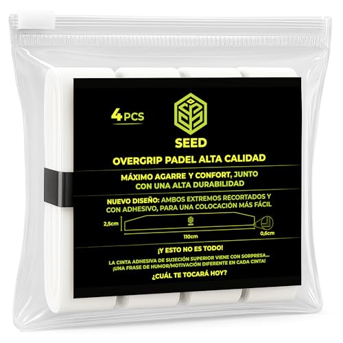 SEED Grip Padel Extra Adherente Nuevo Diseño - Overgrips Padel Blanco. Packs de 4/10/36 Uds - Overgrip Padel Alta Absorción. Cinta de Agarre Antideslizante. Grips Padel. Overgrips Padel Liso. (4 Ud)
