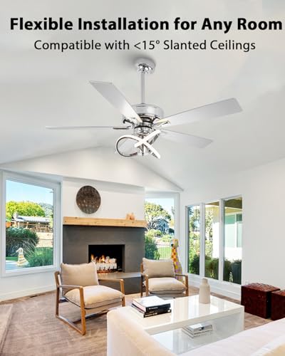 Image of 52 Inch Ceiling Fans with Lights, Creative Modern Silver Ceiling Fan and Remote, 3CCT, 6 Speeds, Quiet, Dual-Sided Reversible 5 Blades Indoor Outdoor Chandelier Fan for Bedroom Living Room