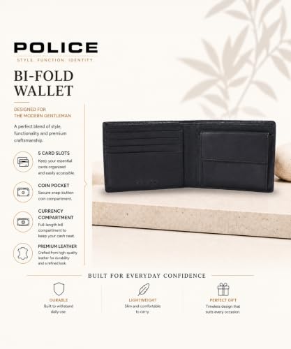 Image of Police Men's Genuine Leather Bifold Wallet with Coin Pocket | 4 Card Slots | Slim Wallet| 2 slip in pockets |Gift box packaging