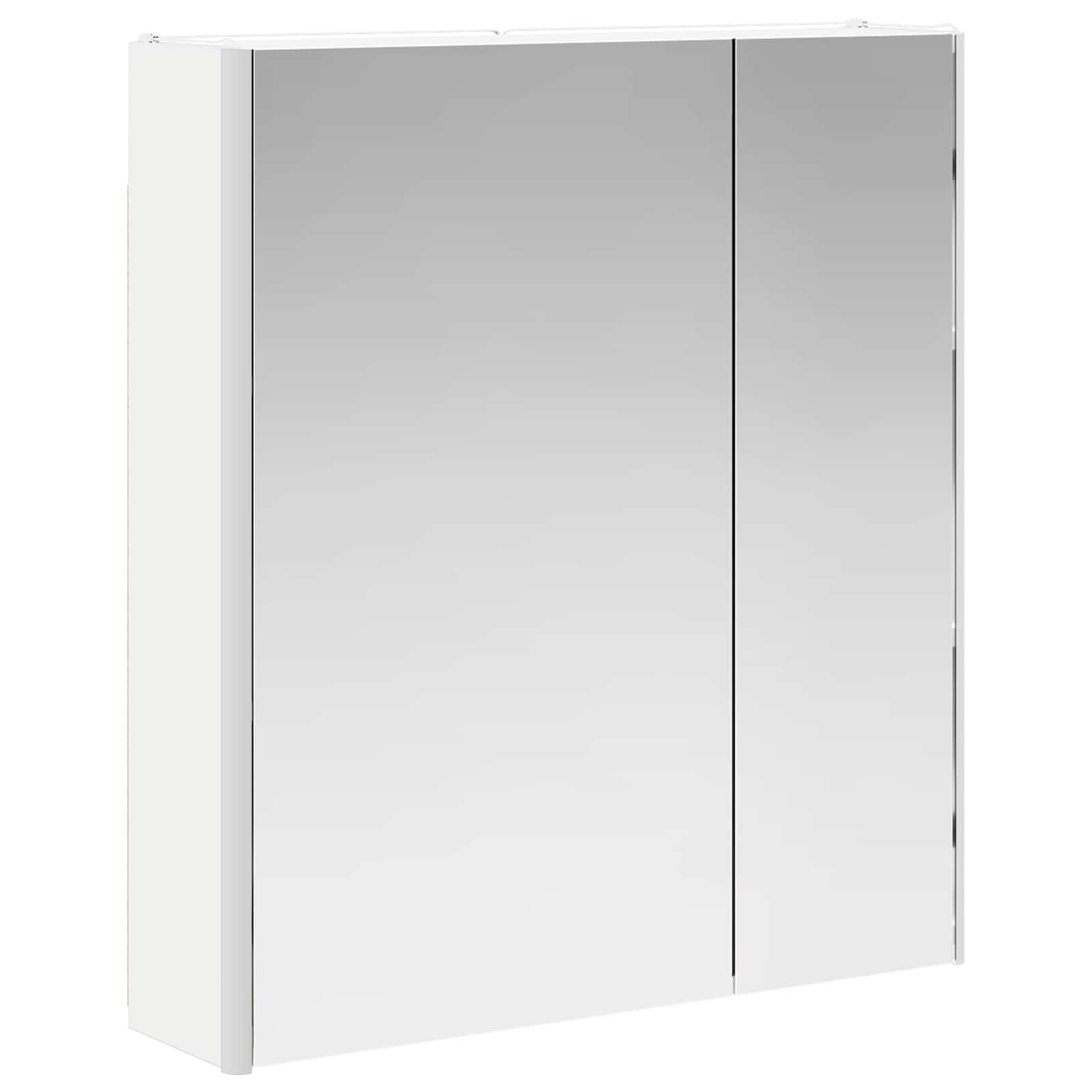 Szafka łazienkowa z lustrem biała z materiału drewnopochodnego 63,5 x 15,5 x 70 cm z oświetleniem LED, montaż na ścianie, schowek, regulowane regały, dwustronne lustro do łazienki i łazienki