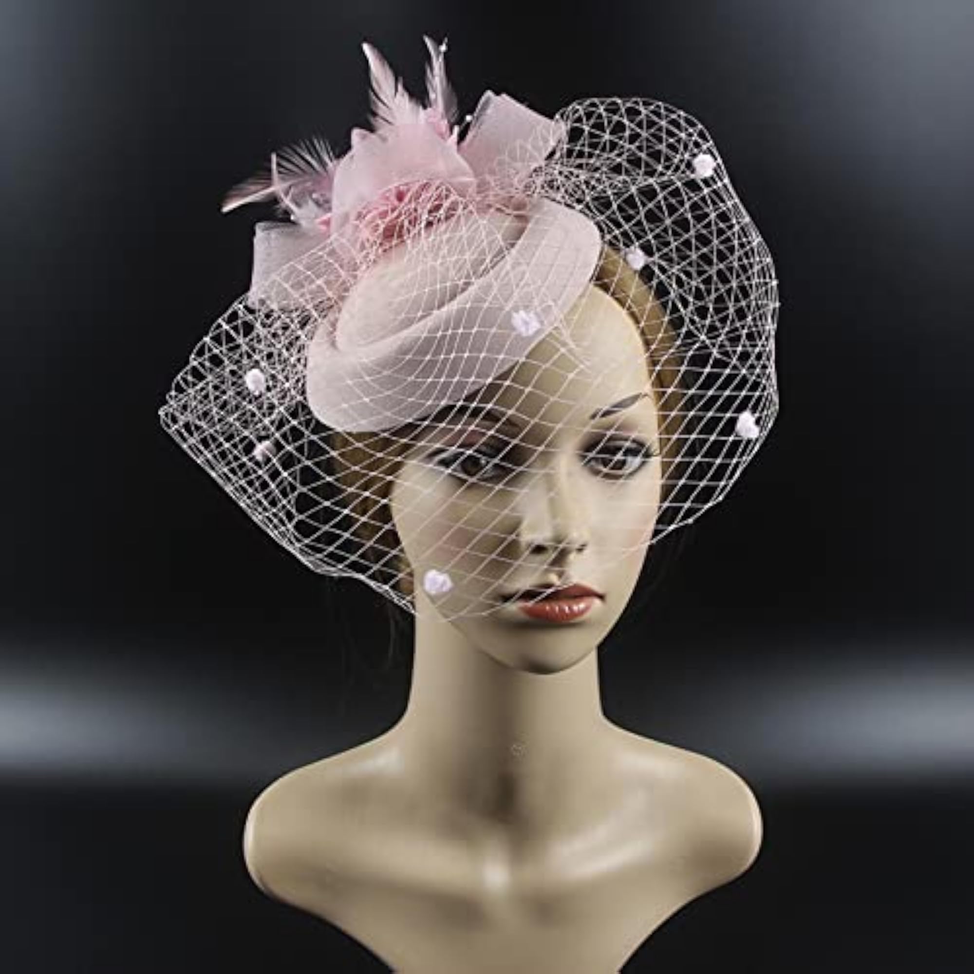 Vintage Style Pink Fascinator Hat with Veil Hair Clip