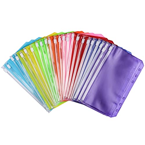 24Pcs A6 Binder Pockets 6 Holes Zipper Binder Pouch for Cash,ID Card,Credit Card, 8 Colors