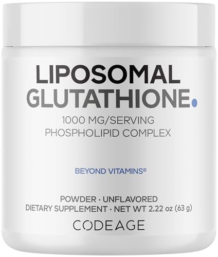 Codeage Liposomal Glutathione Powder - 1 000 mg Vegan Reduced L-Glutathione per Serving Liposomal Delivery - 2-Month Supply - Unflavored - Phospholipid - Non-GMO Gluten-Free - 2.22 Oz