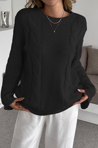 Image of Cakulo Womens Oversized Pullover Sweaters Bell Sleeve Chunky Cable Knit Sweater Crewneck Trendy Knitted Tops 2025