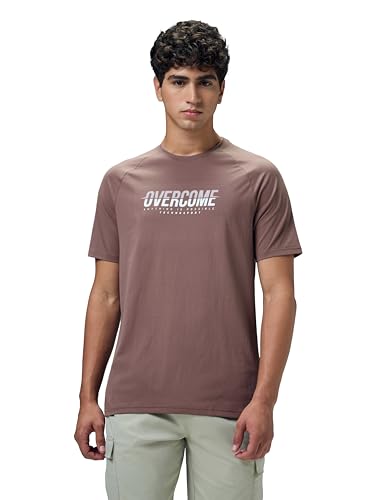 Image of TECHNOSPORT Men's Typography Printed T-Shirt COTFLEX Quick Dry Slim Fit Round Neck Sports Tee for Gym Running Casual Wear UPF50+ Anti Odour