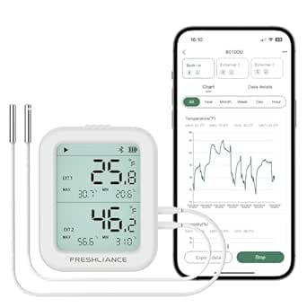 Freshliance Temperature Humidity Data Logger Recorder Bluetooth with 2pcs External Probe, Digital Refrigerator Thermometer Hygrometer, Remote Data Recording Analysis Alarm by Smart APP,BlueTag TH30R-I