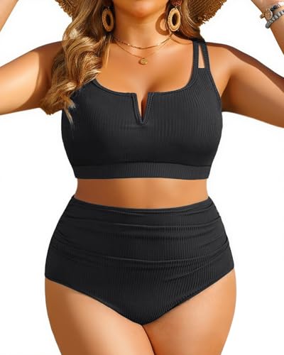 Women Plus Size High Waisted Bikini - Ribbed Two Piece Swimsuit Tummy Control Bathing Suit V-Wired 2025 Swimwear Black 18W