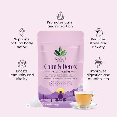 Image of Kaayu Rituals Calm & Detox Herbal Green Tea With Ashwagandha, Lavender & Tulsi | Antioxidant-Rich, Caffeine-Free Stress Relief Relaxation Tea | Promotes Better Sleep | 20 Pyramid Tea Bags (40g)