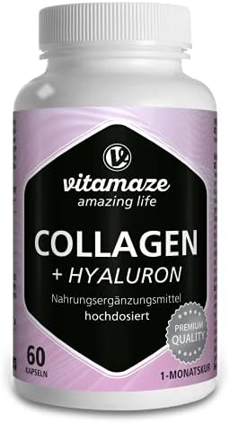 Collagen Kapseln hochdosiert + Hyaluron-Säure + Chondroitin + Lysin, 600 mg reines Kollagen Hydrolysat pro Tag, 60 Kapseln für 1 Monat, Bioaktiv & ohne Zusätze, Made in Germany