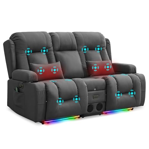 Image of URRED Power Loveseat Recliner Sofa with Massage and Heat, Wall Hugger Reclining Loveseat with Console, RV Couch Home Theater Seating with LED Lights for Living Room (Gray, 67 inch - 2 Seats)