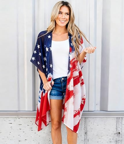 Image of Women's American Flag Kimono Cardigan 4th of July Cover Up Lightweight Patriotic Kimono Cover Up