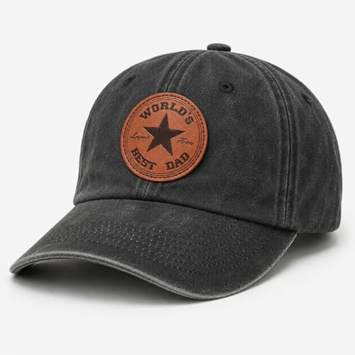 Image of Dad Hat for Men, Washed Cotton Baseball Cap with Brown Leather Patch, Adjustable