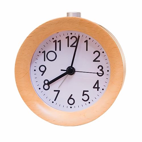Lancoon Analog Wood Alarm Clock, Round Non Ticking Silent with Arabic Numerals Night Light Snooze Function Battery Operated Easy to Use for Desktop Bedroom Bedside (Yellow)
