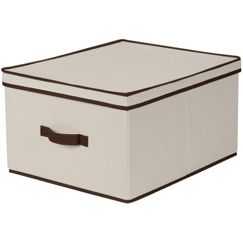 Household Essentials Jumbo Fabric Storage Box with Lid and Handle, Natural Canvas with Brown Trim Cover